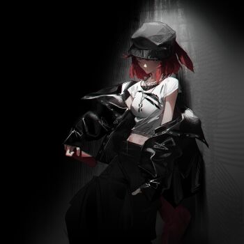 1girl against_wall alternate_costume arknights black_hat black_jacket black_pants breasts can chinese_commentary commentary_request crownslayer_(arknights) dark flat_cap floppy_ears hand_in_pocket hat highres holding holding_can hyena_ears hyena_girl hyena_tail jacket jewelry looking_at_viewer medium_breasts midriff multiple_necklaces necklace off_shoulder open_clothes open_jacket pants red_hair reunion_logo_(arknights) shirt short_hair sleeves_past_wrists solo t-shirt torn_clothes torn_shirt white_shirt zhili_xingzou