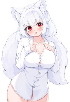 1girl :3 :d animal_ear_fluff animal_ears blush breasts buttons cleavage collarbone collared_shirt commentary_request cowboy_shot hair_intakes index_fingers_together inubashiri_momiji large_breasts long_sleeves looking_at_viewer naked_shirt no_pants open_mouth red_eyes rururiaru shirt short_hair simple_background sleeves_past_fingers sleeves_past_wrists smile solo tail touhou white_background white_hair white_shirt wolf_ears wolf_girl wolf_tail
