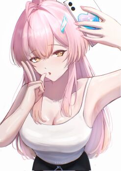 Rule 34 | 1girl, aemeath (wuthering waves), ahoge, alternate costume, artist name, bare shoulders, bayris, breasts, cellphone, cleavage, commentary, fingernails, hair intakes, highres, holding, holding phone, large breasts, long hair, looking at viewer, nail polish, open mouth, orange eyes, phone, pink hair, pink nails, simple background, smartphone, solo, star-shaped pupils, star (symbol), symbol-shaped pupils, tank top, w, white background, white tank top, wuthering waves