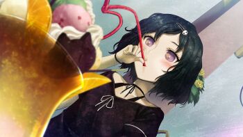 1boy black_hair black_ribbon black_shirt blurry blurry_foreground blush bob_cut bouquet bracelet casual cat-shaped_food chocolate choker collarbone cream dessert drink drinking drinking_straw drinking_straw_in_mouth dutch_angle flower food fruit game_cg goth_fashion hair_ornament hairclip happy highres holding holding_drinking_straw huke ice_cream jewelry leaf lemon lemon_slice looking_at_food multiple_scoops non-web_source official_art parfait parted_lips pink_eyes pink_lips puffy_short_sleeves puffy_sleeves ribbon ribbon_choker ringed_eyes science_adventure shiny_lips shirt short_sleeves skull_hair_ornament solo square_pupils steins;gate steins;gate:_my_darling&#039;s_embrace strawberry sundae surprised tank_top trap urushibara_luka whipped_cream white_ribbon