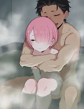1boy 1girl absurdres between_legs black_eyes black_hair blush breasts closed_eyes closed_mouth collarbone commentary cuddling english_commentary flat_chest hair_between_eyes hair_over_one_eye hair_slicked_back half-closed_eyes hand_between_own_legs hetero highres holding hug hug_from_behind knees_up mixed-sex_bathing natsuki_subaru night nude onsen open_mouth pink_eyes pink_hair ram_(re:zero) re:zero_kara_hajimeru_isekai_seikatsu red_eyes rreze4132 shared_bathing short_hair sitting small_breasts smile steam towel water wet