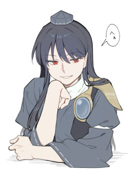 Rule 34 | 1girl, :d, commentary request, grin, hair between eyes, half-closed eyes, hand on own chin, hand up, hat, highres, iizunamaru megumu, looking to the side, open mouth, red eyes, sakic43899, simple background, smile, solo, tokin hat, touhou, upper body, white background