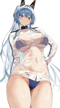 1girl absurdres bikini bikini_under_clothes blue_bikini blue_eyes blue_hair blush breasts closed_mouth cowboy_shot goddess_of_victory:_nikke helm_(aqua_marine)_(nikke) helm_(nikke) highres hiiragi_yuuichi large_breasts long_hair long_sleeves looking_at_viewer ponytail sidelocks simple_background solo swimsuit thighs wet wet_clothes white_background