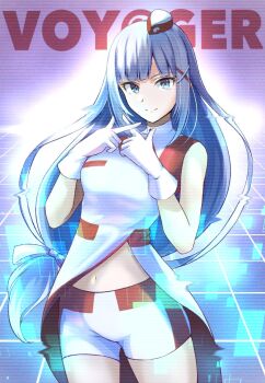 1girl bare_shoulders blue_eyes blue_hair blue_ribbon bow breasts closed_mouth cowboy_shot front_slit garrison_cap gloves hair_bow hair_ornament hair_ribbon hands_up hat highres idolmaster idolmaster_million_live! idolmaster_million_live!_theater_days long_hair looking_at_viewer low-tied_long_hair medium_breasts midriff_peek mini_hat navel otoshibumi purple_background ribbon shiraishi_tsumugi shirt sleeveless sleeveless_shirt smile solo standing two-tone_headwear two-tone_shirt two-tone_shorts very_long_hair voy@ger_(idolmaster) white_gloves x_fingers x_hair_ornament