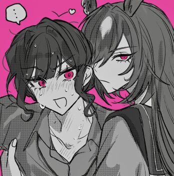 Rule 34 | ..., 2girls, :d, animal ears, blush, closed mouth, collarbone, collared shirt, commentary request, female trainer (umamusume), greyscale with colored background, highres, horse ears, horse girl, looking at viewer, multiple girls, nervous sweating, nose blush, open mouth, opeyu, pink eyes, sailor collar, school uniform, serafuku, shirt, sirius symboli (umamusume), smile, spoken ellipsis, spot color, sweat, tracen school uniform, trainer (umamusume), umamusume, yuri