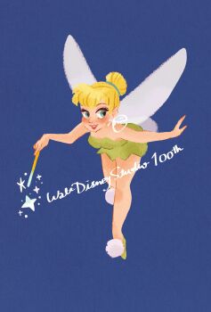 1girl bare_shoulders blonde_hair blue_eyes dress fairy fairy_wings green_dress green_tunic hair_bun highres holding holding_wand looking_at_viewer mini_person minigirl mio_ney pointy_ears single_hair_bun smile solo strapless strapless_dress tinker_bell_(disney) tunic walt_disney&#039;s_peter_pan wand wings