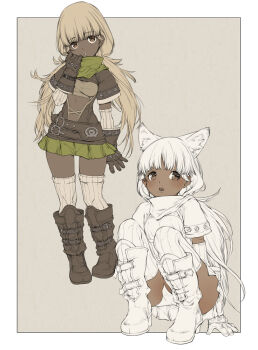 Rule 34 | animal ears, arm warmers, belt, blonde hair, blush, boots, border, branch (blackrabbits), breasts, brown eyes, center opening, character request, cowl, dark-skinned female, dark skin, extra ears, gloves, grey background, hood, miniskirt, navel, panties, pantyshot, partially colored, pleated skirt, ribbed thighhighs, short sleeves, simple background, skirt, small breasts, squatting, thighhighs, tree of savior, twintails, underwear, upskirt, white border, zettai ryouiki