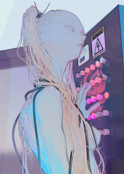 1girl blonde_hair breasts from_below long_hair machine mieze nipples original parted_lips sign small_breasts solo twintails upper_body warning_sign white_eyes wire