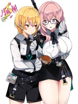 1boy adapted_costume black_gloves black_necktie black_shorts black_skirt blonde_hair breasts commentary_request cosplay food glasses gloves highres holding holding_food id_card large_breasts long_hair miniskirt necktie orange_eyes original pencil_skirt pink_eyes pink_hair sakyumiru second-party_source shirt short_hair shorts simple_background skirt thighs tsukishiro_yanagi tsukishiro_yanagi_(cosplay) white_background white_shirt zenless_zone_zero