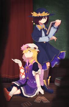 Rule 34 | 2girls, absurdres, alternate costume, ankle socks, artist name, belt, black shirt, black skirt, black socks, blonde hair, blue boots, blue capelet, blue hat, blue skirt, book, boots, bow, calculus, capelet, card, chalkboard, commentary, contrast collar, crescent, crescent pin, crossed legs, curtains, cyanaqua, disembodied eye, english commentary, equation, flower, full body, gap (touhou), gloves, hair over one eye, hand on floor, hat, hat bow, hat flower, hat ornament, highres, holding, holding book, kneehighs, long hair, long sleeves, maribel hearn, math, medium hair, mob cap, multiple girls, neck ribbon, one eye covered, playing card, purple hair, purple vest, red eyes, red shoes, ribbon, shirt, shoes, short sleeves, sitting, skirt, smile, socks, standing, star (symbol), star hat ornament, touhou, trigonometry, ursa major (constellation), usami renko, vest, white gloves, white hat, white shirt, white socks, wooden floor, yellow bow, yellow eyes