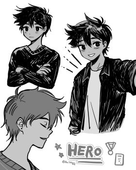 1boy absurdres alternate_costume antenna_hair artist_name blush bu3hgg character_name closed_eyes closed_mouth collarbone collared_jacket crossed_arms dark-skinned_male dark_skin double-parted_bangs ear_piercing greyscale hair_between_eyes hero_(faraway)_(omori) hero_(omori) highres jacket long_sleeves looking_at_viewer male_focus monochrome omori open_clothes open_jacket open_mouth parted_lips piercing short_hair simple_background smile solo sweater twitter_username