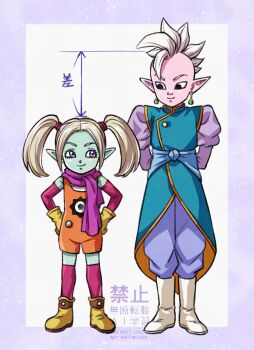 1boy 1girl aqua_skin arms_behind_back arrow_(symbol) black_eyes blonde_hair blue_sash blue_vest boots border closed_mouth colored_skin commentary_request detached_sleeves dragon_ball dragon_ball_daima earrings gloves hands_on_own_hips height_difference highres jewelry jumpsuit kisakitouge_mari long_sleeves looking_at_another mohawk orange_jumpsuit outside_border pansy_(dragon_ball_daima) pants pink_skin pointy_ears purple_border purple_eyes purple_pants purple_scarf purple_shirt purple_sleeves purple_thighhighs sash scarf shin_(dragon_ball) shirt short_hair smile spiked_hair standing thighhighs twintails twitter_username vest watermark white_background white_boots white_hair yellow_boots yellow_gloves