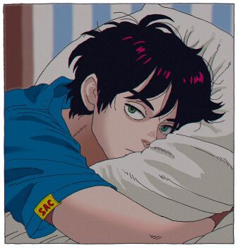 1boy absurdres black_hair blue_eyes blue_shirt border closed_mouth hand_under_pillow highres hugging_object kaneoya_sachiko looking_at_viewer lying male_focus on_stomach original pillow pillow_hug sanpaku shirt short_sleeves solo t-shirt white_border