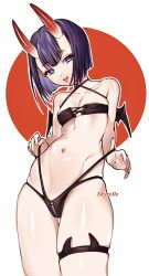 Rule 34 | 1girl, arms at sides, artist name, bat wings, bikini, bikini tug, black bikini, blush, bob cut, breasts, cleavage, collarbone, cowboy shot, eyeshadow, fang, fate (series), female focus, fingernails, from below, horns, makeup, matching hair/eyes, medium hair, naughty face, navel, oni, open mouth, petite, purple eyes, purple hair, red background, red eyeshadow, shuten douji (fate), simple background, skin fang, skyrelle, small breasts, smile, solo, standing, swimsuit, thigh gap, thigh strap, two-tone background, white background, wings, zipper, zipper bikini