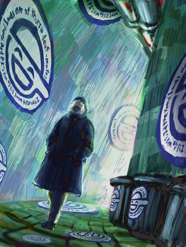 00s 1boy alley aoi_(gits) coat ghost_in_the_shell ghost_in_the_shell:_stand_alone_complex hood laughing_man_(gits) logo male_focus obscured_face outdoors solo trash_can ud-j walking