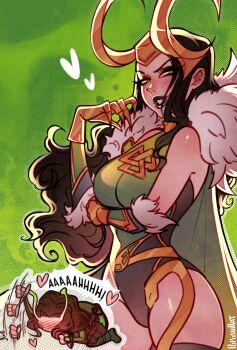 2girls afterimage antennae black_hair black_lips blush breasts cape commentary couple cowboy_shot english_commentary fake_horns fur-trimmed_cape fur-trimmed_gloves fur_trim gloves gold_gloves green_background green_cape green_eyes guardians_of_the_galaxy heart highres horned_headwear horns lady_loki large_breasts leotard loki_(marvel) long_hair mantis_(marvel) marvel marvel_rivals multiple_girls narrow_waist official_alternate_design parted_lips poposhirat thor_(marvel)_(series) yuri