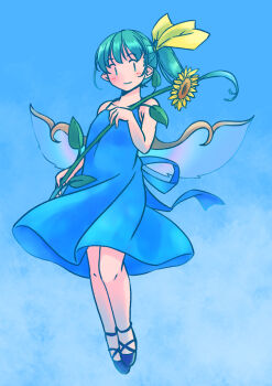 1girl bare_shoulders black_shoes blue_background blue_dress blush collarbone commentary_request daiyousei dress fairy fairy_wings flower full_body green_eyes green_hair hair_ribbon holding holding_flower knees medium_hair pointy_ears rangycrow ribbon shoes side_ponytail smile solo sunflower touhou wings yellow_ribbon |_|