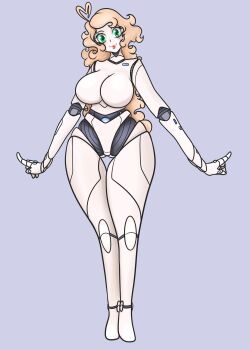 Rule 34 | 1girl, absurdres, ahoge, android, blonde hair, breasts, caramella, eyelashes, gluteal fold, green eyes, gynoid, highres, joints, large breasts, lips, long hair, looking at viewer, mechanical arms, mechanical legs, nude, original, robot, robot girl, robot joints, simple background, very long hair, wavy hair
