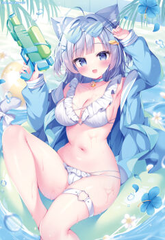 1girl :d absurdres ahoge animal_ear_fluff animal_ears arm_up bikini blue_eyes blue_hair blue_jacket blunt_bangs blush bow breasts cat_ears cat_girl cat_tail cleavage commentary_request feet_out_of_frame frilled_bikini frills hair_intakes heart heart_o-ring highres holding holding_water_gun jacket kirimiya_tsurugi large_breasts long_hair long_sleeves looking_at_viewer navel o-ring o-ring_thigh_strap open_clothes open_jacket open_mouth original parted_bangs sitting smile solo swimsuit tail tail_bow tail_ornament thigh_strap water_gun wet white_bikini white_bow