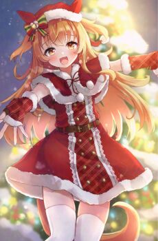 1girl animal_ears blush bow capelet christmas christmas_ornaments christmas_tree commentary_request dress ear_bow ear_covers fingerless_gloves fur-trimmed_capelet fur-trimmed_dress fur-trimmed_gloves fur-trimmed_headwear fur_trim gloves hair_between_eyes hat highres horse_ears horse_girl horse_tail long_hair looking_at_viewer mayano_top_gun_(formation:_party)_(umamusume) mayano_top_gun_(umamusume) open_mouth orange_eyes orange_hair potarou_pomi red_capelet red_dress red_gloves red_hat santa_costume santa_dress santa_hat smile solo tail thighhighs umamusume white_thighhighs