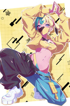 1girl absurdres aqua_hair bandeau belt black_belt black_mask black_pants blonde_hair blue_eyes blue_pants breasts canari_(pokemon) commentary_request criss-cross_straps dark-skinned_female dark_skin highres jacket long_sleeves looking_at_viewer marie_(pixiv59672544) mask mega_stone mouth_mask multicolored_hair navel nintendo pants pokemon pokemon_legends:_z-a short_twintails solo split-color_hair sports_bra star_(symbol) stomach twintails two-tone_hair two-tone_mask two-tone_pants yellow_bandeau yellow_jacket yellow_mask yellow_sports_bra