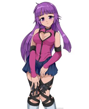 1girl black_ribbon blue_skirt blush breasts caramella_girls cleavage cleavage_cutout clothing_cutout commentary detached_sleeves english_commentary highres large_breasts long_hair looking_at_viewer nadine_(caramella_girls) pink_shirt purple_eyes purple_hair ribbon shirt simple_background skirt solo standing verafan4ever white_background