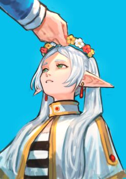 1boy 1girl blue_background earrings elf frieren green_eyes head_wreath highres himmel_(sousou_no_frieren) jewelry long_hair meme parted_bangs pointy_ears sethkiel simple_background solo_focus sousou_no_frieren twintails upward_angle_frieren_drawing_(meme) white_hair
