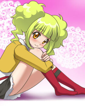 Rule 34 | 00s, 1girl, arisugawa aoi, awa, blonde hair, blunt bangs, blush, female focus, hugging own legs, jewelpet, jewelpet (series), lace, legs, looking back, lowres, on ground, orange eyes, red socks, shadow, short twintails, sitting, skirt, smile, socks, solo, twintails