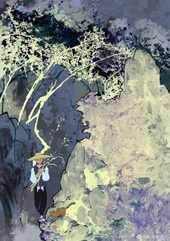 1boy absurdres aqiu4682 asian baggy_pants bamboo black_eyes black_pants boots cat chinese_clothes closed_mouth cloud cloudy_sky collared_shirt day happy hat highres holding holding_bamboo_shoot long_sleeves looking_ahead original outdoors pants path puffy_long_sleeves puffy_sleeves purple_vest road rock shirt sky smile solo straw_hat tabby_cat tangzhuang tree vest walking watermark weibo_watermark white_boots white_shirt wide_shot yellow_hat