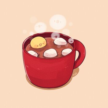 animal baby_animal bird chick chicken commentary_request cup drink food hot_chocolate kimipiyo_(tenmiyakiyo) marshmallow mug no_humans original tenmiyakiyo yellow_background