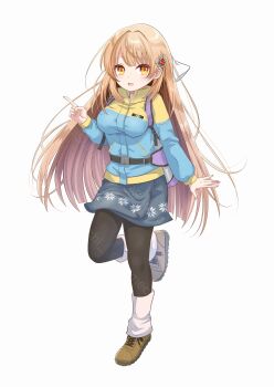 1girl :d absurdres backpack bag belt black_belt black_pantyhose blue_jacket blunt_bangs blunt_ends blush breasts brown_hair brown_shoes commentary_request commission eyelashes full_body grey_skirt hair_between_eyes hair_intakes hair_ornament hair_ribbon hand_up highres index_finger_raised jacket large_breasts long_hair long_sleeves looking_at_viewer miniskirt multicolored_jacket okutsu_kagami onsen_musume open_mouth pantyhose ribbon shoes sidelocks simple_background skeb_commission skirt smile solo sparkling_eyes standing standing_on_one_leg straight_hair sumechi twitter_username two-tone_jacket very_long_hair watermark white_background white_ribbon yellow_eyes yellow_jacket