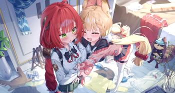 2girls absurdres ahoge alice_thymefield animal_ear_fluff animal_ears bed bent_over blonde_hair blue_scarf blush braid braided_twintails cardigan chest_bow closed_eyes clothes_hanger commentary cosplay costume_switch dress green_eyes green_skirt hair_ornament hearing_aid highres indoors kamanosuke_(zenless_zone_zero) long_hair low_twintails maeru multiple_girls no_shoes open_mouth pink_cardigan plant rabbit_ears rabbit_girl raccoon red_hair ribbon scarf shirt skirt sphere_hair_ornament standing standing_on_one_leg tanuki thigh_strap thighhighs twintails ukinami_yuzuha unworn_dress unworn_scarf vase weapon white_ribbon white_shirt white_thighhighs zenless_zone_zero