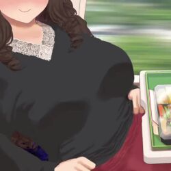 1girl :d animated blush breasts brown_hair clothes_lift drill_hair facing_viewer flashing large_areolae large_breasts lifting_own_clothes long_hair navel nipples no_bra open_mouth original public_transportation ryokucha_michi shirt shirt_lift sitting smile sound tagme train_interior video