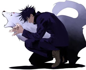1boy absurdres barking black_hair brown_shoes commentary_request from_side full_body fushiguro_megumi gyokuken highres jujutsu_kaisen kuuya027 male_focus shoes short_hair solo squatting teeth white_fur white_wolf