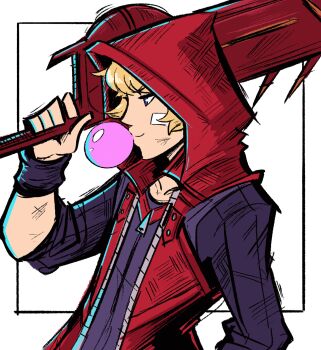 1boy armband bandage_on_face bandages black_armband black_shirt blonde_hair blowing_bubble_gum blowing_bubbles blue_eyes chewing_gum highres holding holding_sword holding_weapon hood hoodie over_shoulder red_hoodie scruffyturtles shirt shulk_(xenoblade) sword sword_over_shoulder weapon weapon_over_shoulder xenoblade_chronicles_(series) xenoblade_chronicles_1