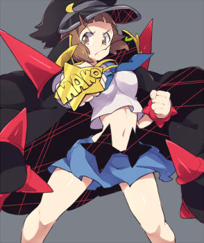 Rule 34 | 10s, 1girl, 801yamaarashi, bad id, bad tumblr id, banchou, blue skirt, bracelet, brass knuckles, brown eyes, brown hair, character name, coat, delinquent, female focus, impossible clothes, impossible shirt, jewelry, kill la kill, mankanshoku mako, midriff, navel, pokoten (pokoten718), school uniform, serafuku, shirt, short hair, shoulder spikes, simple background, skirt, solo, spiked bracelet, spikes, star (symbol), weapon