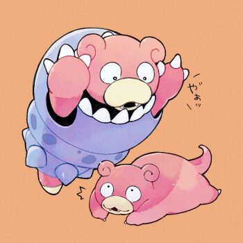 arms_up claws colored_skin commentary_request eye_contact fangs gen_1_pokemon gu_gu12435 highres looking_at_another lying mega_pokemon mega_slowbro nintendo no_humans on_stomach open_mouth orange_background pink_skin pokemon pokemon_(creature) pokemon_focus simple_background slowbro slowpoke translation_request