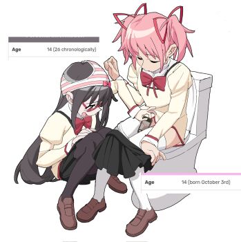 2girls age_difference akemi_homura black_hair cleft_of_venus closed_eyes clothes_pull commentary english_commentary female_pervert hair_ribbon highres kaname_madoka loli long_hair mahou_shoujo_madoka_magica medium_hair mitakihara_school_uniform multiple_girls object_on_head on_toilet panties panties_on_head panty_pull pervert pidi_pid pink_hair pussy ribbon school_uniform simple_background skirt skirt_pull taking_picture time_stop twintails underwear white_background yuri