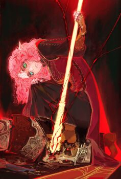 Rule 34 | 1girl, 1other, absurdres, baldur's gate, baldur's gate 3, blue eyes, curly hair, dungeons & dragons, dungeons &amp; dragons, freckles, glowing, glowing weapon, green eyes, helmet, heterochromia, highres, holding, holding weapon, kneeling, kuzen, long hair, pink hair, pointy ears, red pupils, skull, tav (baldur's gate), weapon