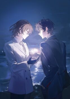 2boys absurdres akechi_gorou amamiya_ren beach black_eyes black_gloves black_hair black_jacket brown_hair from_side gloves hair_between_eyes hand_in_pocket hands_up highres jacket long_sleeves male_focus multiple_boys necktie night nona1010 ocean outdoors persona persona_5 plaid profile red_eyes school_uniform shore short_hair shuujin_academy_school_uniform sky smile star_(sky) star_(symbol) striped_necktie upper_body