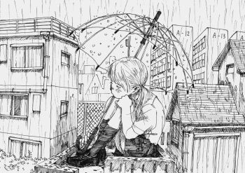 Rule 34 | 1girl, bad id, bad source, blush, building, bush, commentary request, giant, giantess, greyscale, holding, holding umbrella, miniskirt, monochrome, original, outdoors, rain, shiki haru, shoes, short sleeves, sitting, skirt, socks, solo, umbrella