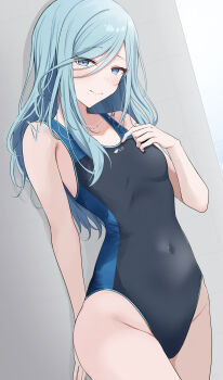 Rule 34 | 1girl, against wall, arm behind back, armpit crease, bare arms, black one-piece swimsuit, blue eyes, blue hair, blush, breasts, closed mouth, collarbone, commentary, competition swimsuit, covered navel, cowboy shot, drop shadow, dutch angle, eyes visible through hair, groin, hair between eyes, hand up, highleg, highleg one-piece swimsuit, highres, hinomori shizuku, kunizaki, leaning back, long hair, looking at viewer, mole, mole under mouth, one-piece swimsuit, project sekai, shadow, sidelocks, small breasts, smile, solo, standing, swimsuit, tile wall, tiles, tsurime, two-tone one-piece swimsuit