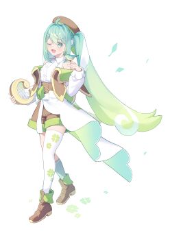 1girl absurdres ahoge aqua_eyes aqua_hair asymmetrical_legwear bard bird bird_on_hand blush boots breasts brown_boots brown_corset brown_shorts clover_print collared_shirt commentary_request corset frilled_shirt frills gradient_hair green_hair hair_ornament harp hatsune_miku highres instrument kurobikari long_sleeves looking_at_another medium_breasts mismatched_legwear multicolored_hair one_eye_closed open_mouth shirt shorts simple_background smile socks thighhighs twintails vocaloid walking white_background white_socks white_thighhighs