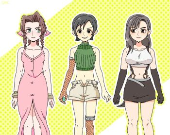 3girls aerith_gainsborough asymmetrical_legwear ball bangle bare_shoulders belt black_gloves black_hair black_skirt border bracelet breasts brown_eyes brown_hair buttons center_opening cleavage closed_mouth collarbone commentary_request cowboy_shot crop_top dress earrings elbow_gloves feet_out_of_frame final_fantasy final_fantasy_vii gloves green_eyes grey_belt grey_shorts hair_ribbon holding holding_ball jewelry large_breasts long_dress long_hair looking_at_another materia medium_breasts midriff miniskirt multiple_girls navel omata open_fly parted_bangs parted_lips pink_dress pink_ribbon ribbon shirt short_hair shorts sidelocks single_fishnet_armwear single_fishnet_legwear skirt sleeveless sleeveless_dress sleeveless_shirt sleeveless_turtleneck smile standing suspenders tifa_lockhart turtleneck white_border white_shirt yellow_background yuffie_kisaragi