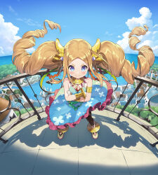 Rule 34 | 1girl, armlet, artist request, balcony, bare shoulders, big hair, blonde hair, blue eyes, blue sky, blush, cloud, crossed arms, dress, drill hair, flat chest, floating hair, full body, heart of crown, highres, horizon, long hair, looking at viewer, ocean, official art, outdoors, parted lips, railing, second-party source, sky, smile, solo, town, twin drills