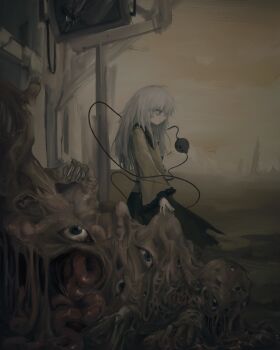 1girl body_horror buttons closed_mouth diamond_button expressionless flesh frilled_shirt_collar frilled_sleeves frills from_side grey_hair highres komeiji_koishi long_hair long_skirt long_sleeves looking_afar messy_hair no_headwear outdoors pillar profile reverinth screen shirt skirt solo third_eye torn_clothes torn_skirt touhou wide_sleeves yellow_shirt