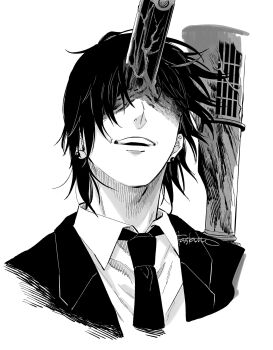 Rule 34 | 1boy, assault rifle, black hair, black necktie, chainsaw man, collared shirt, earrings, facing viewer, formal clothes, greyscale, gun, gun devil (chainsaw man), handgun, hayakawa aki, highres, jacket, jewelry, monochrome, necktie, open mouth, rifle, shirt, short hair, signature, simple background, smile, solo, stud earrings, suit, suit jacket, tsuke (task), weapon, white background