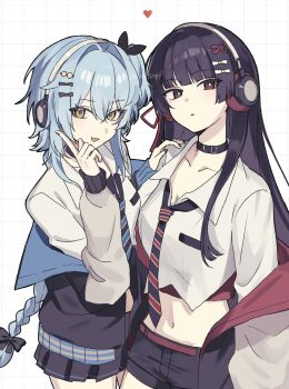2girls alternate_costume black_choker black_hair black_jacket black_necktie black_shorts black_skirt blue_hair breasts buling_(wuthering_waves) chisa_(wuthering_waves) choker cleavage clothes_down collarbone collared_shirt commentary hair_between_eyes hair_ornament headphones heart highres index_finger_raised jacket long_hair looking_at_viewer medium_breasts mole mole_under_eye multiple_girls navel necktie nl519 parted_lips red_eyes shirt shorts skirt smile stomach striped_necktie very_long_hair white_shirt wuthering_waves yellow_eyes