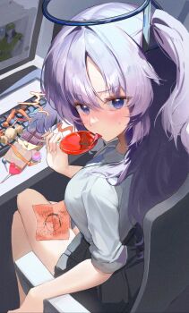 1girl absurdres attattya71756 black_halo black_skirt blue_archive blue_eyes blue_necktie blush breasts candy chair chocolate commentary_request computer_keyboard doodle_sensei_(blue_archive) eating food hair_between_eyes halloween halo highres holding holding_candy holding_food indoors lollipop looking_at_viewer mechanical_halo medium_breasts monitor necktie office_chair pleated_skirt purple_hair sensei_(blue_archive) shirt sitting skirt solo sticky_note sweatdrop swivel_chair tongue tongue_out twintails white_shirt yuuka_(blue_archive)