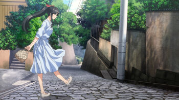 1girl arms_behind_back artist_request bag black_hair bow closed_mouth cloud cloudy_sky commentary_request day dress from_side green_eyes hair_bow high_ponytail highres holding holding_bag kinme_wakana kirei_ni_shitemoraemasuka long_hair long_sleeves looking_at_viewer looking_to_the_side mary_janes medium_dress official_art outdoors ponytail red_bow shoes sidelocks sky smile solo standing standing_on_one_leg stone_floor swept_bangs tree white_dress white_shoes wide_shot